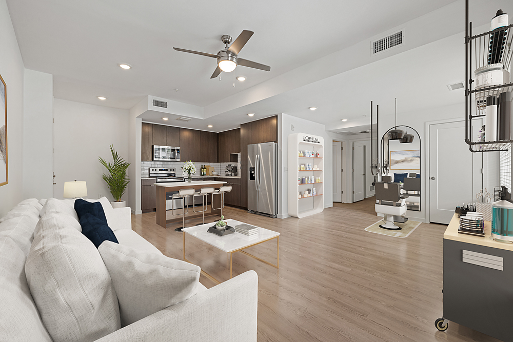 Virtually staged live work apartment unit at Marq Promenade showcasing modern furnishings