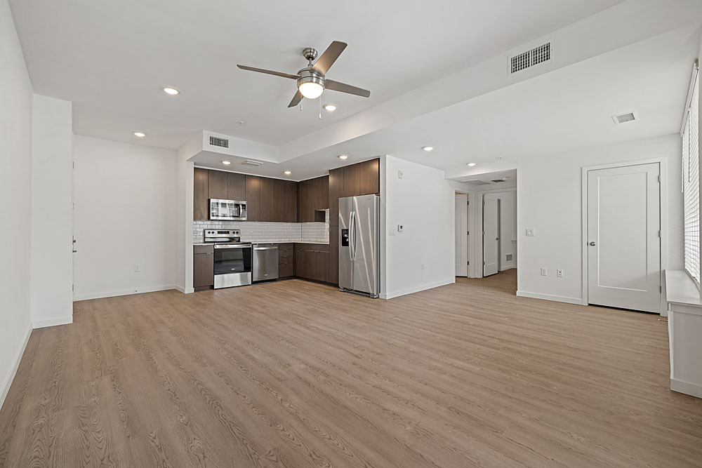 Live work apartment unit at Marq Promenade highlighting open floor plan